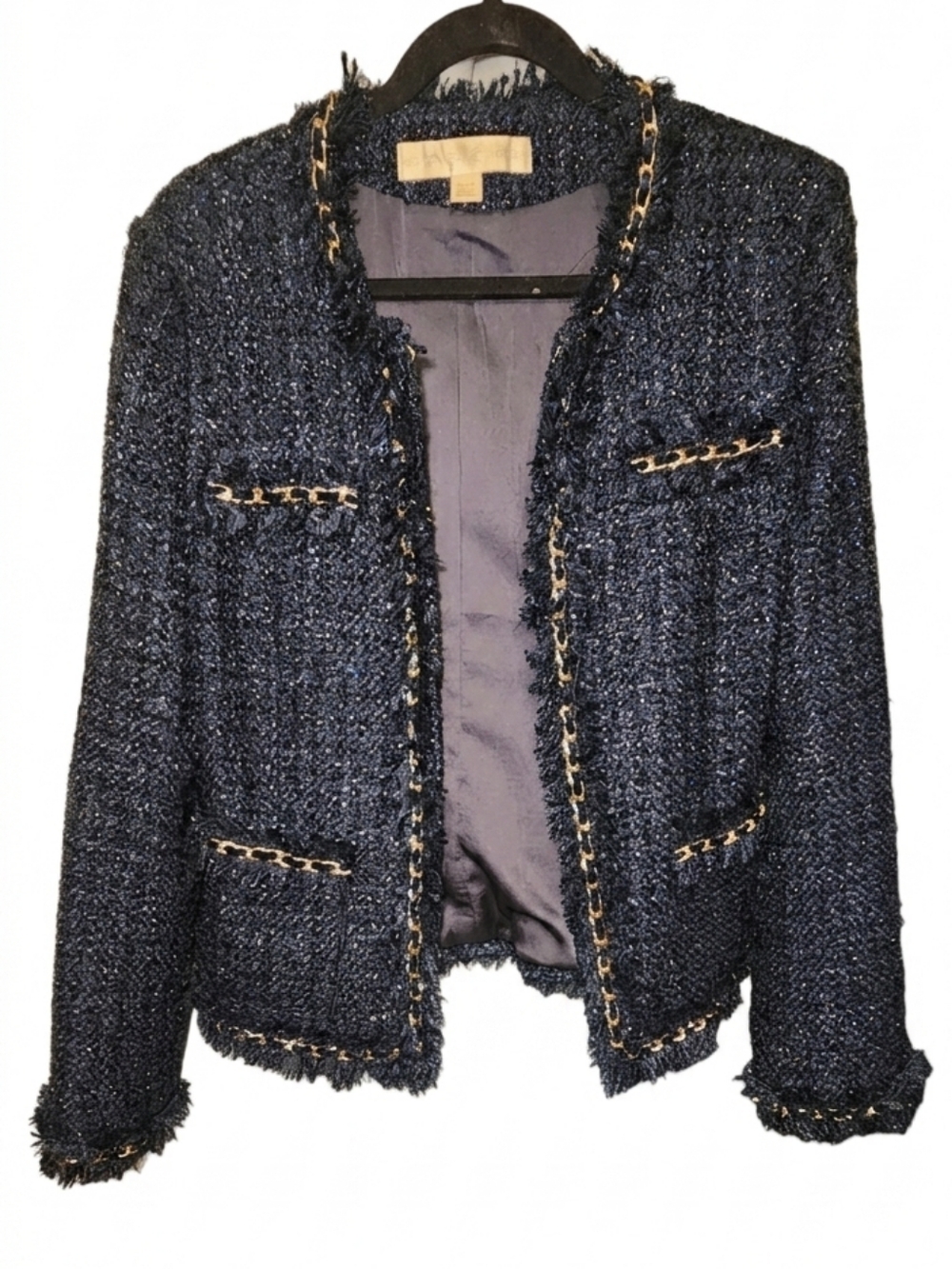 Boston Proper Navy Blue Metallic Tweed Fringe Jacket Chain Detail Size 14